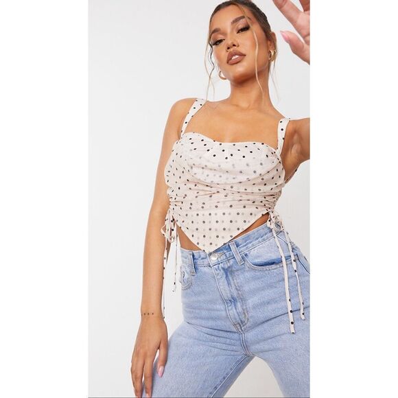 CREAM POLKA DOT RUCHED corset COWL CAMI zip tank top prettYLITTLEthing NWT 6 S - Picture 8 of 10